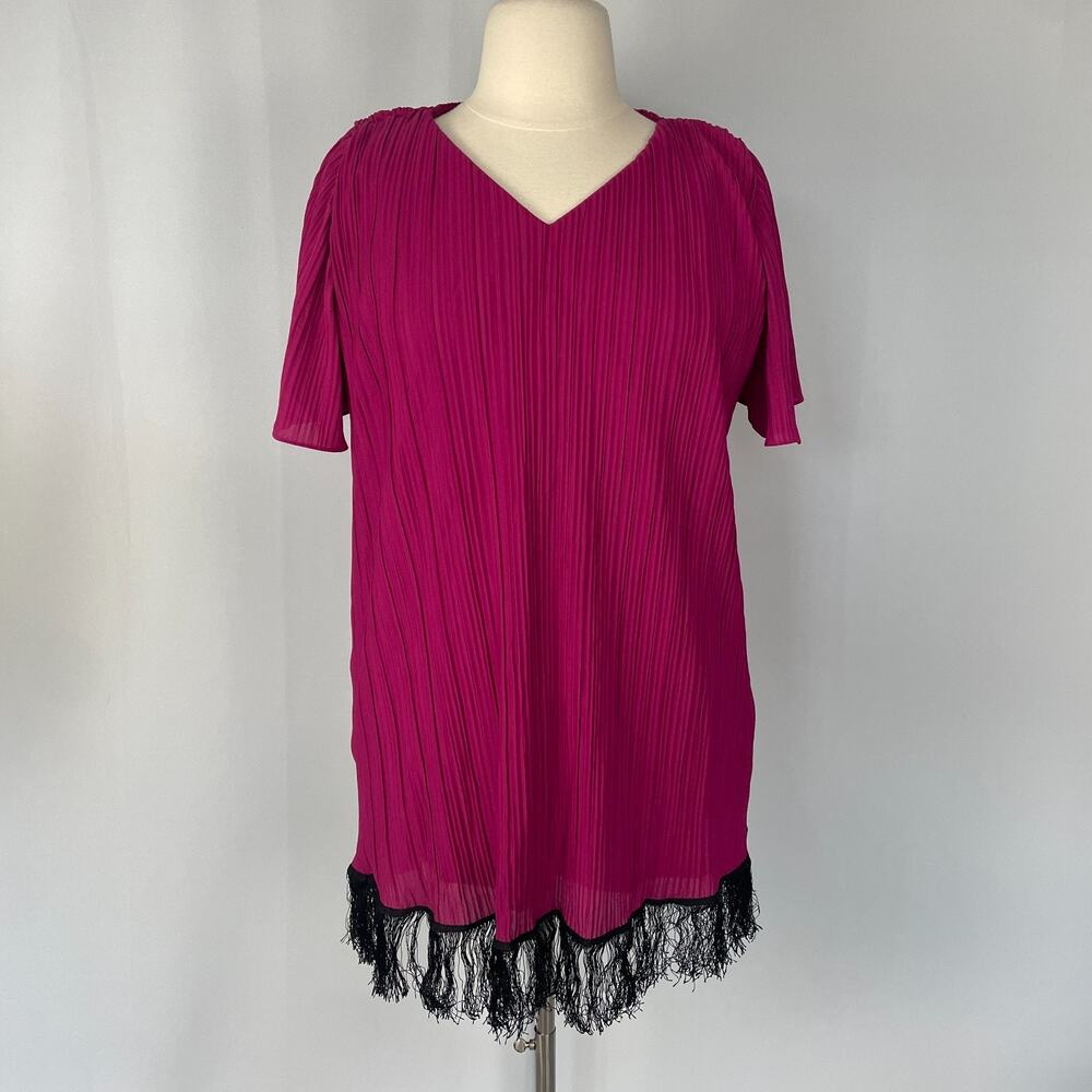 Vintage Party Dress Size Large XL Magenta Pink Black Fringe Plisse Pleat 80s 90s